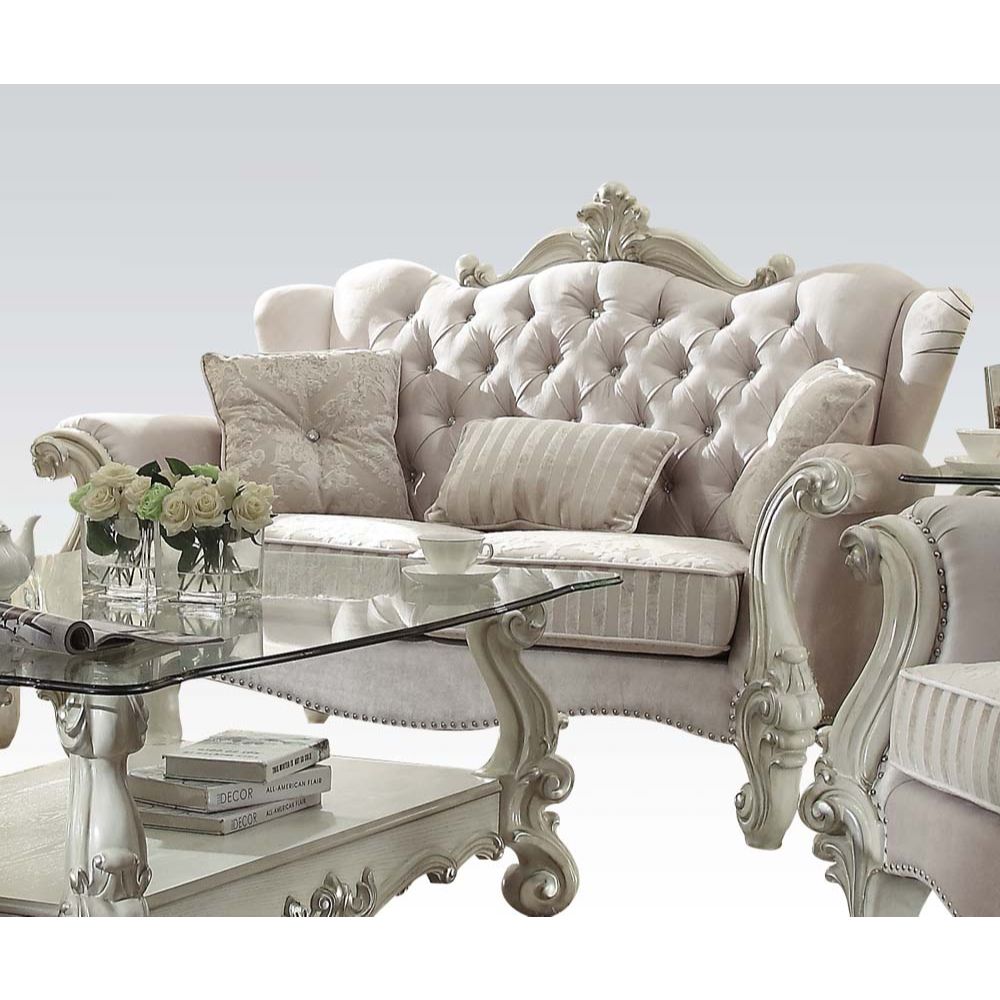 Versailles Ivory Fabric & Bone White Finish Loveseat