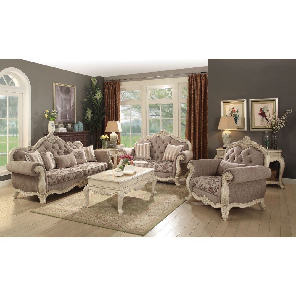 Ragenardus Gray Fabric & Antique White Finish Loveseat