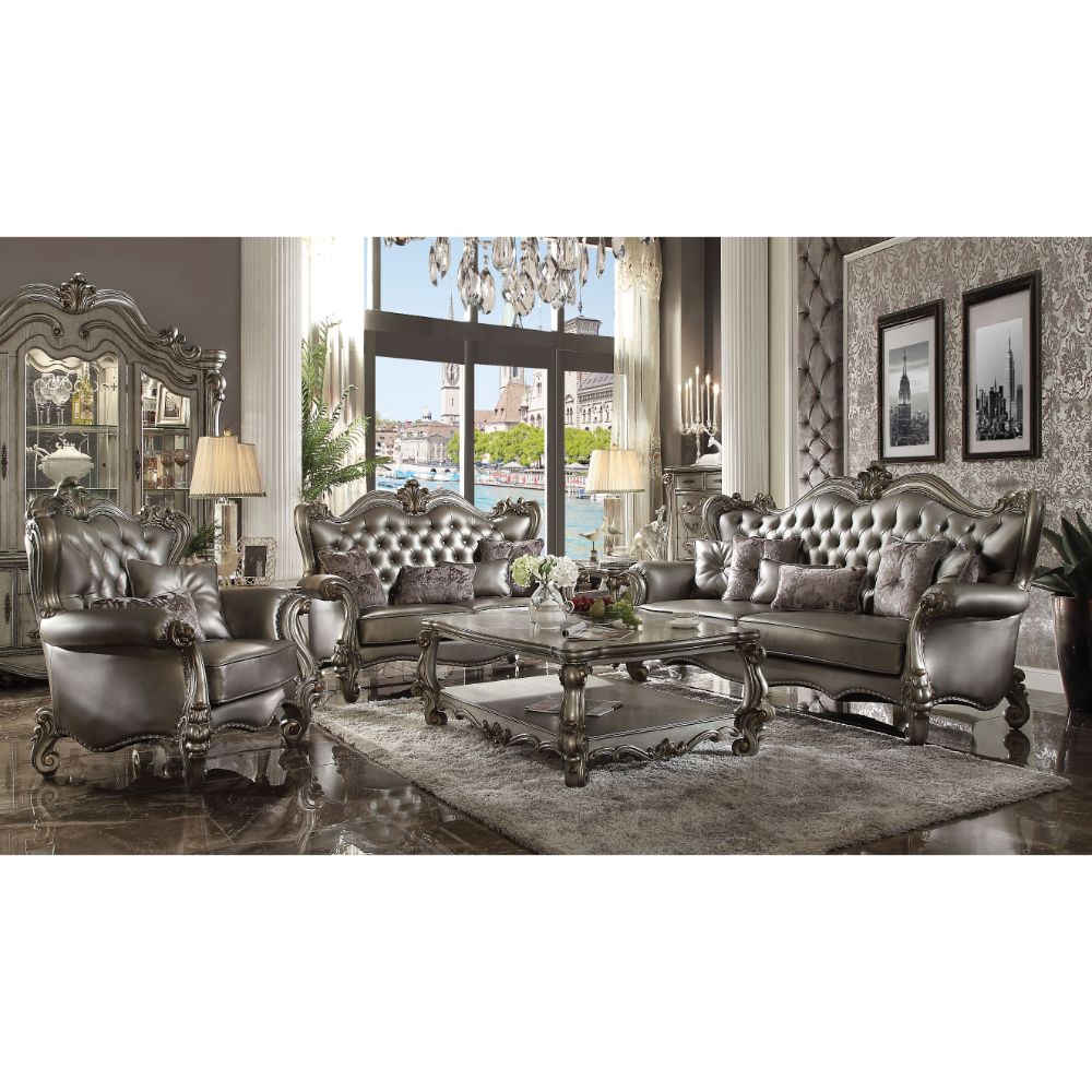 Versailles Silver Synthetic Leather & Antique Platinum Finish Loveseat