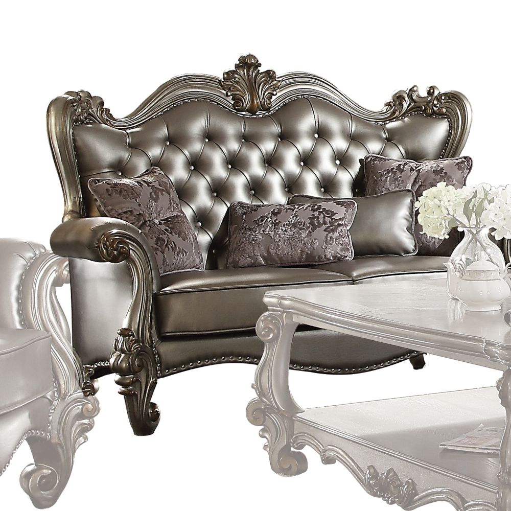 Versailles Silver Synthetic Leather & Antique Platinum Finish Loveseat