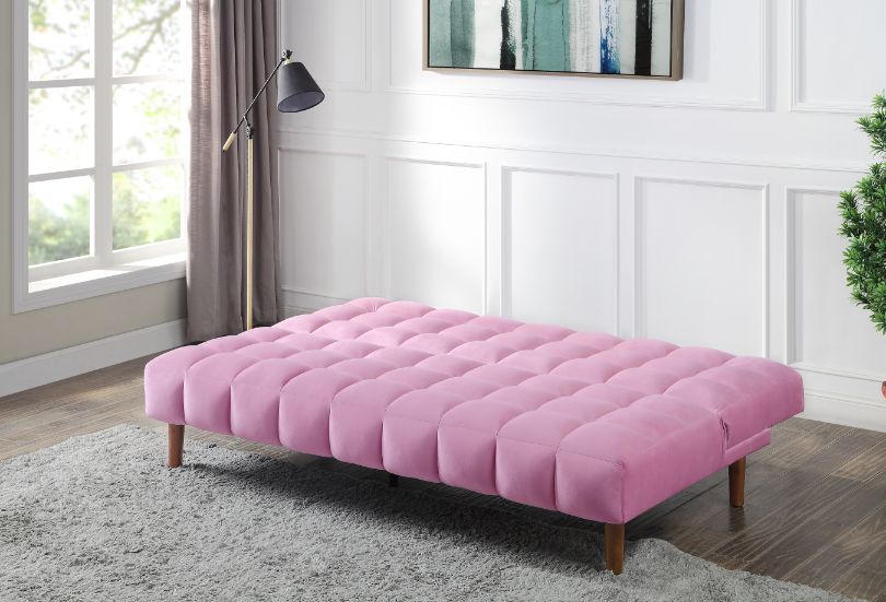 Yolandi Pink Velvet & Dark Walnut Finish Futon