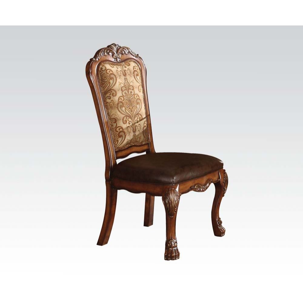 Dresden Vintage Synthetic Leather Seat & Floral Fabric Back & Cherry Oak Finish Side Chair (Set-2)