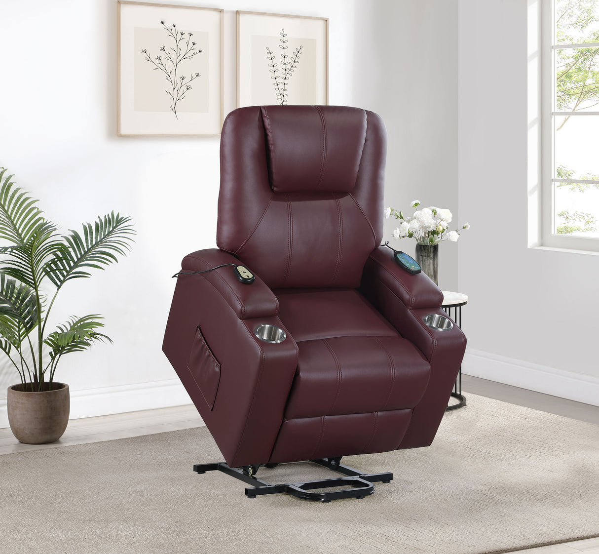 Armstrong Wine Upholstered Power Lift Massage Recliner Red
