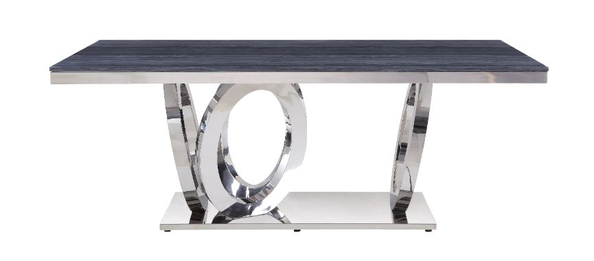 Nasir Gray Printed Faux Marble Top & Mirrored Silver Finish Dining Table