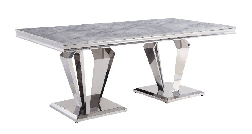 Satinka Light Gray Printed Faux Marble Top & Mirrored Silver Finish Dining Table