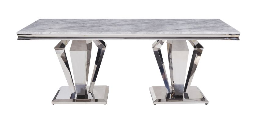 Satinka Light Gray Printed Faux Marble Top & Mirrored Silver Finish Dining Table