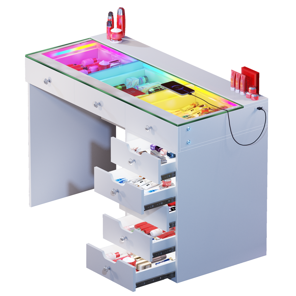 Diana RGB Vanity Desk with Light - 8 Storage Drawers