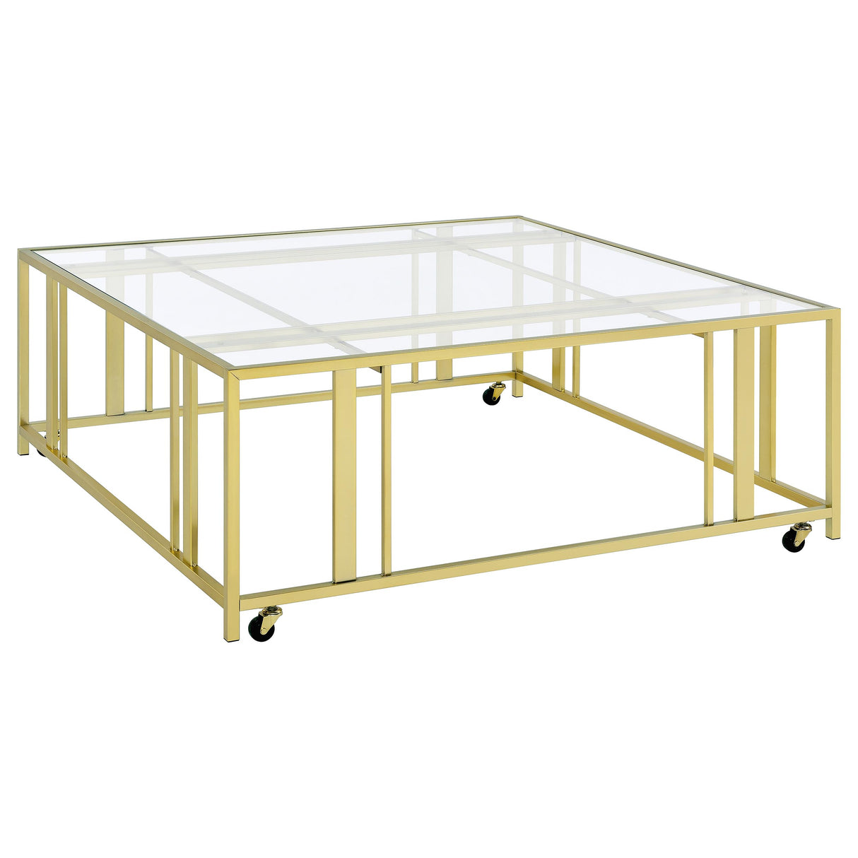 Adri Matte Brass Square Glass Top Coffee Table With Casters