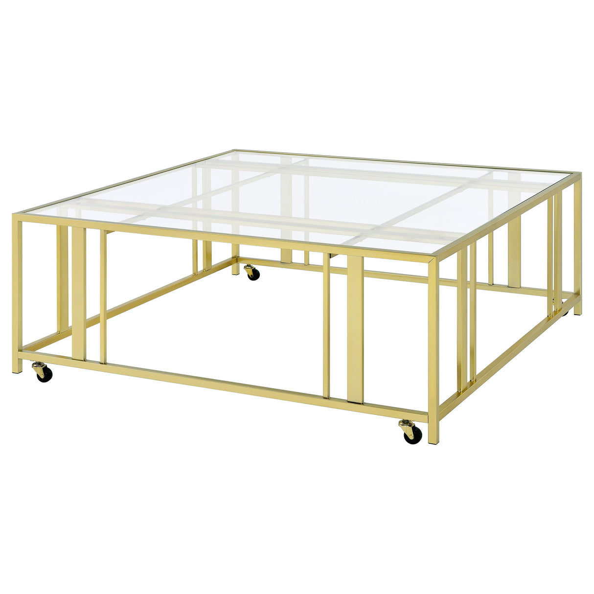 Adri Matte Brass Square Glass Top Coffee Table With Casters