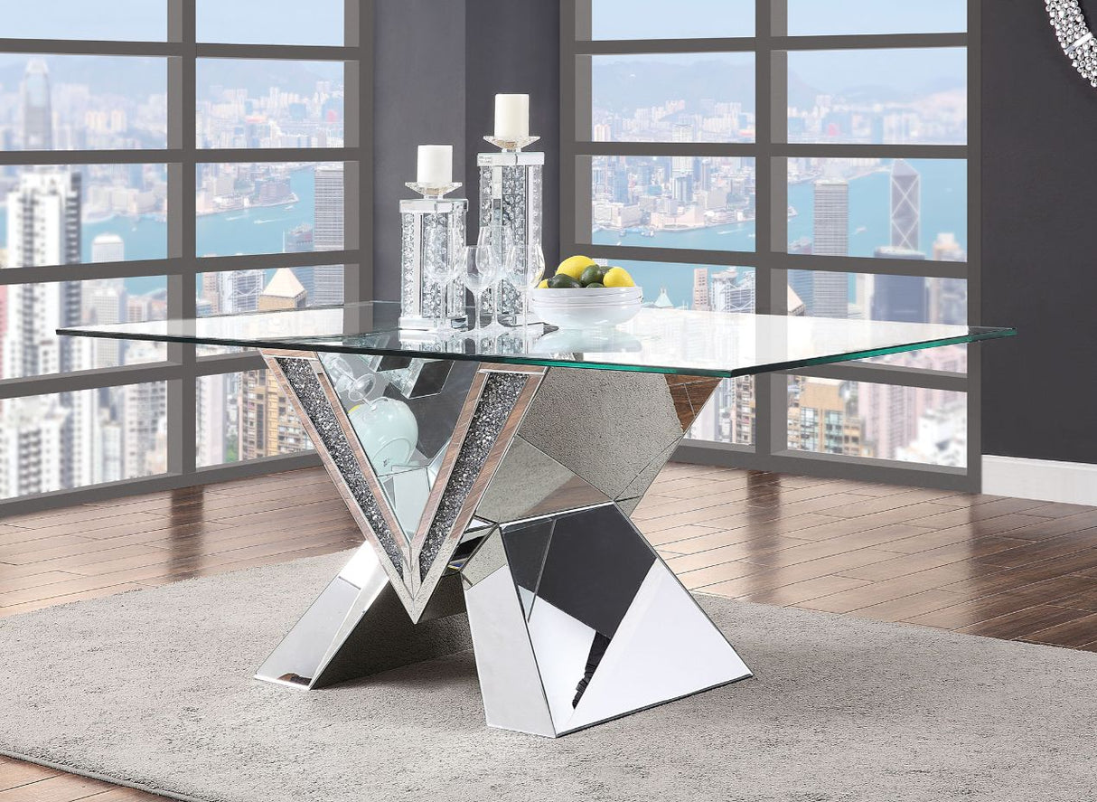 Noralie Mirrored, Faux Diamonds & Clear Glass Top Finish Dining Table