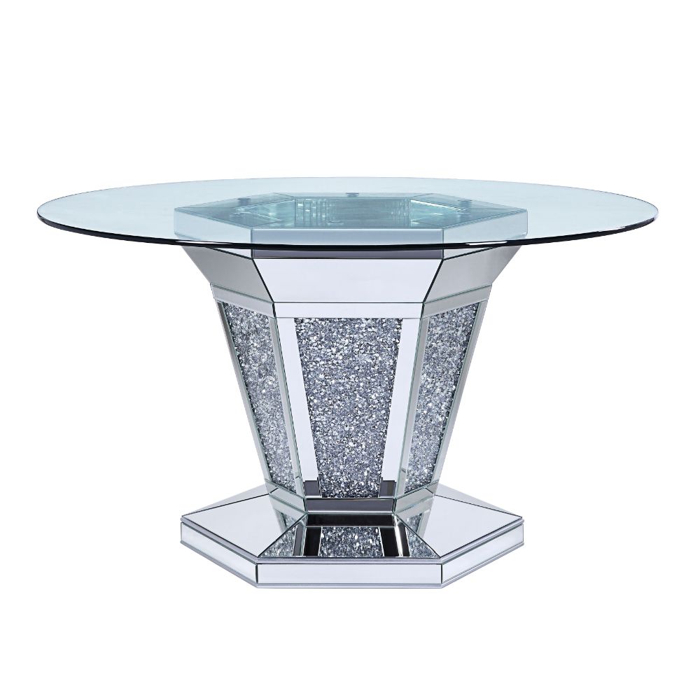 Noralie Mirrored, Faux Diamonds & Clear Glass Top Finish Dining Table