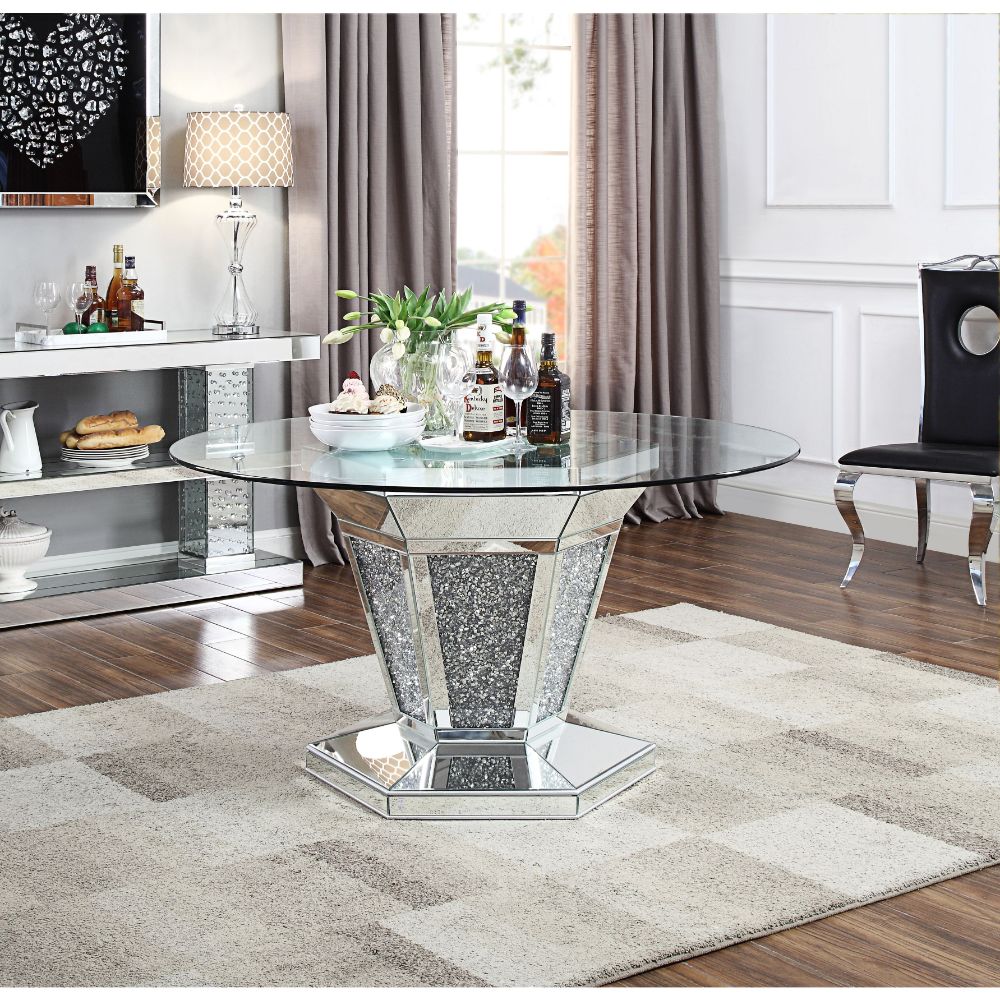 Noralie Mirrored, Faux Diamonds & Clear Glass Top Finish Dining Table