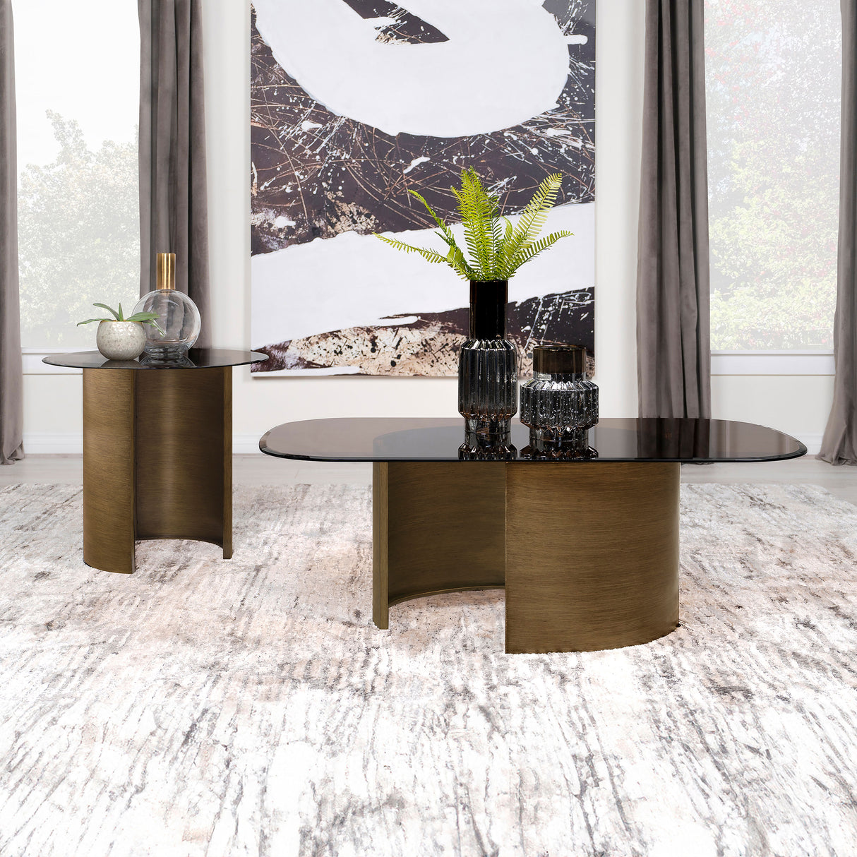 Morena Brushed Bronze Rectangular Tawny Glass Coffee Table