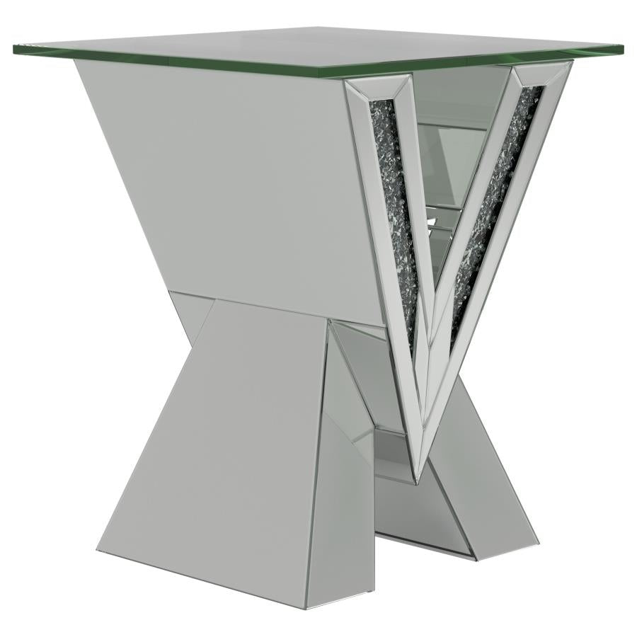 Taffeta V-Shaped End Table With Glass Top Silver