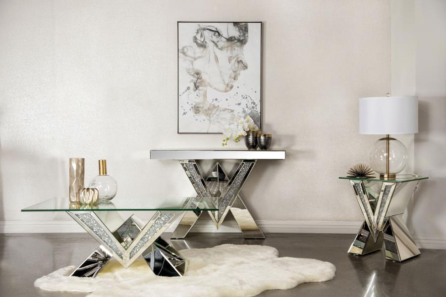 Taffeta V-Shaped End Table With Glass Top Silver