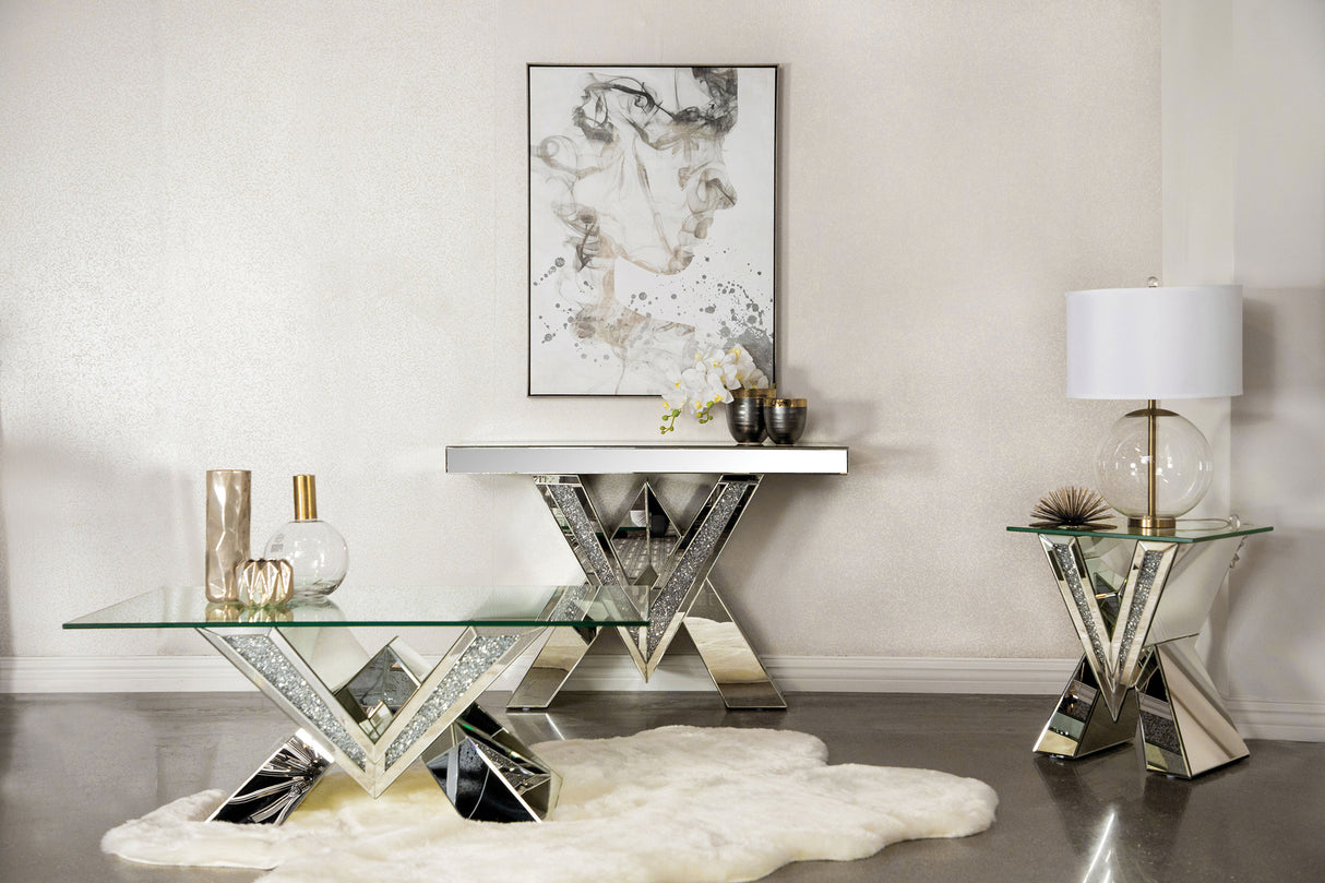 Taffeta V-Shaped End Table With Glass Top Silver