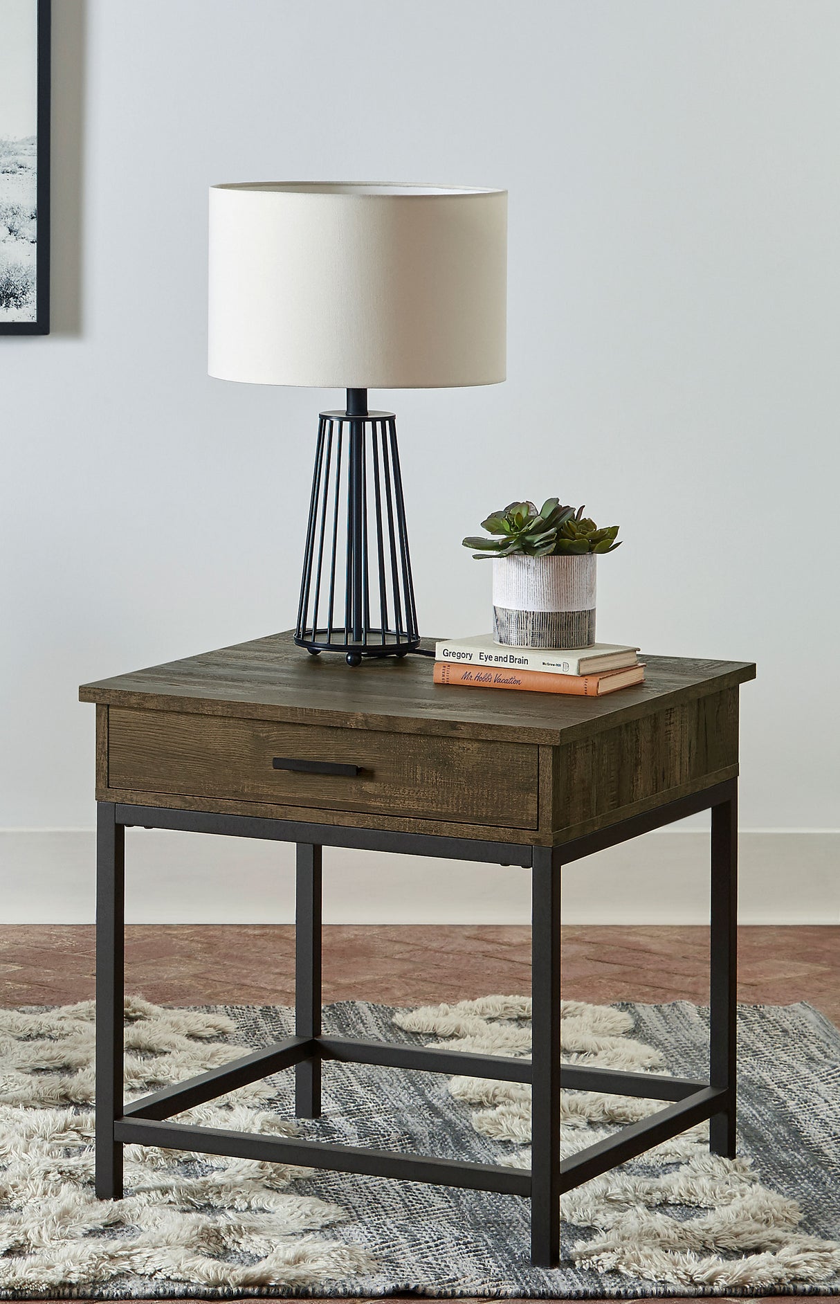 Byers Square 1-Drawer End Table Brown Oak And Sandy Black
