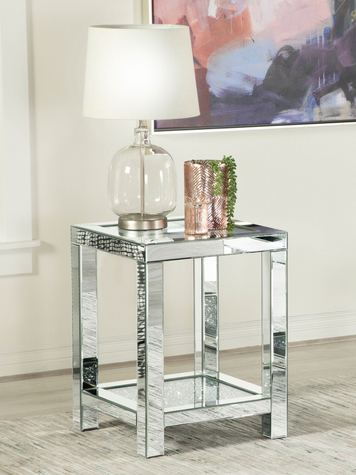 Valentina Square End Table With Glass Top Mirror