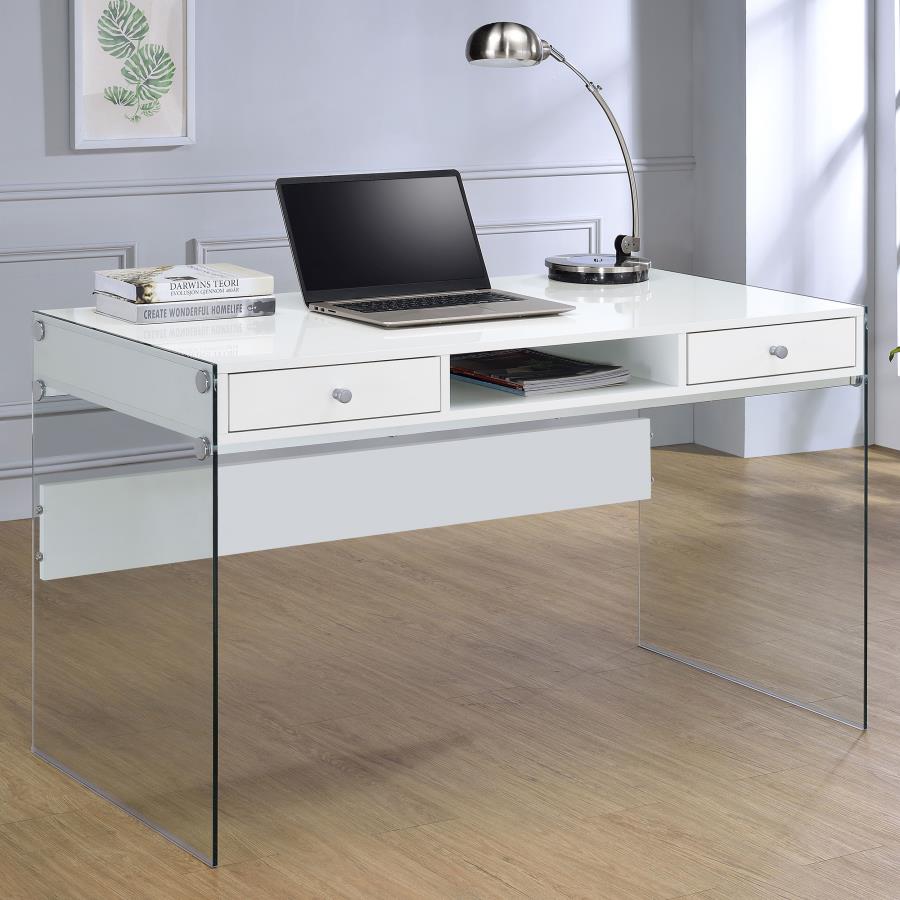 Dobrev 2-Drawer Writing Desk Glossy White And Clear
