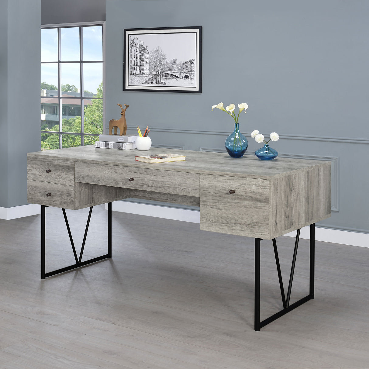 Analiese 4-Drawer Writing Desk Grey Driftwood