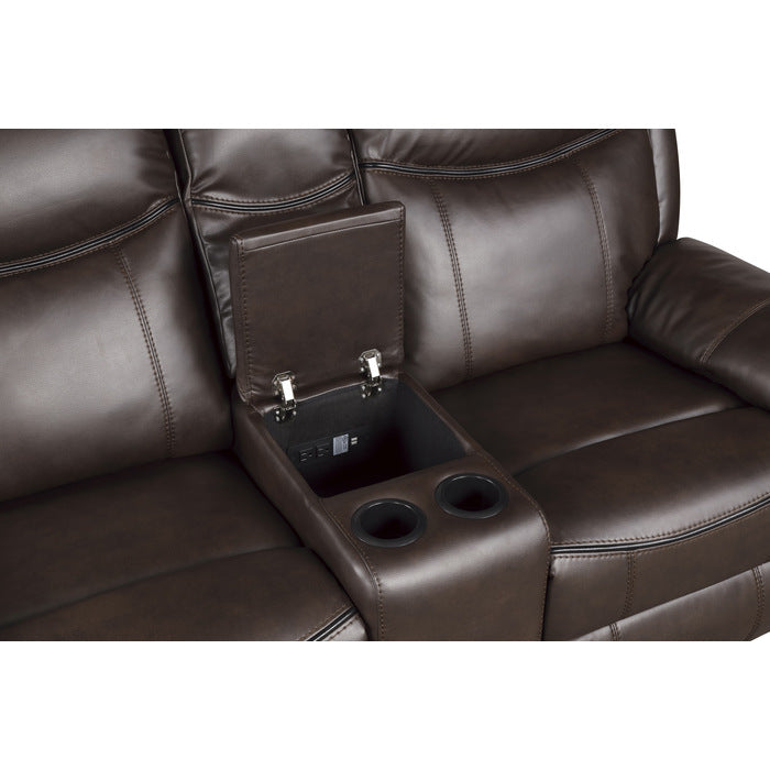 Aram Dark Brown Faux Leather Double Glider Reclining Loveseat with Center Console, Receptacles and USB Ports
