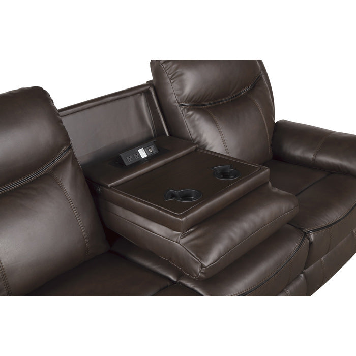 Aram Dark Brown Faux Leather Double Reclining Sofa with Center Drop-Down Cup Holders, Receptacles, Hidden Drawer and USB Ports