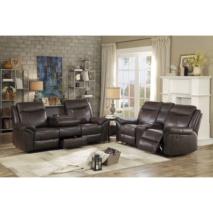 Aram Dark Brown Faux Leather Double Glider Reclining Loveseat with Center Console, Receptacles and USB Ports