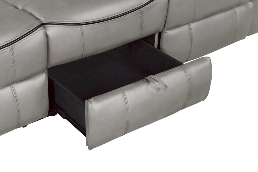 Aram Gray Faux Leather Double Reclining Sofa with Center Drop-Down Cup Holders, Receptacles, Hidden Drawer and USB Ports