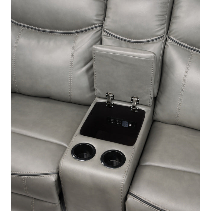 Aram Gray Faux Leather Double Glider Reclining Loveseat with Center Console, Receptacles and USB Ports