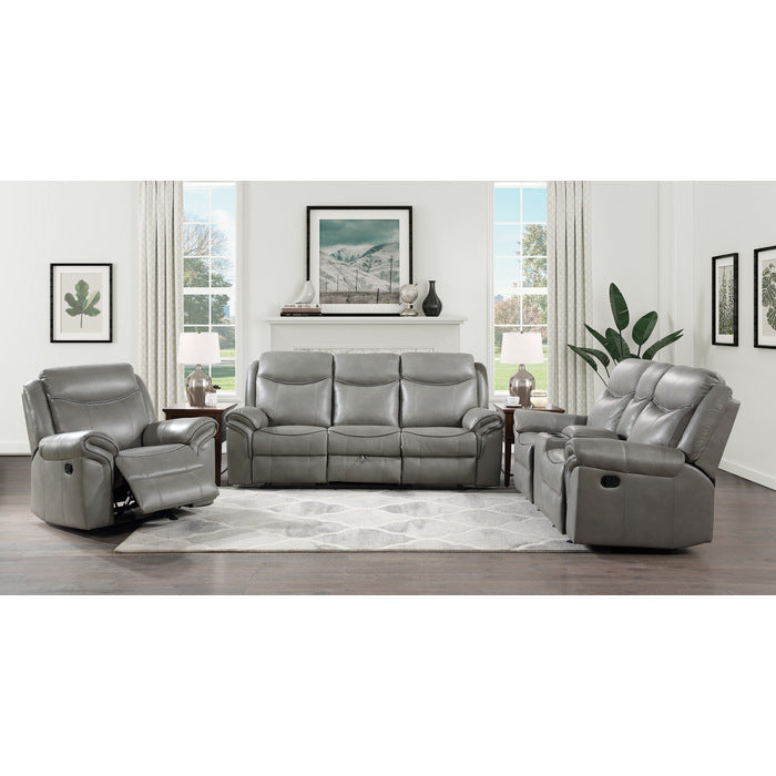 Aram Gray Faux Leather Double Reclining Sofa with Center Drop-Down Cup Holders, Receptacles, Hidden Drawer and USB Ports