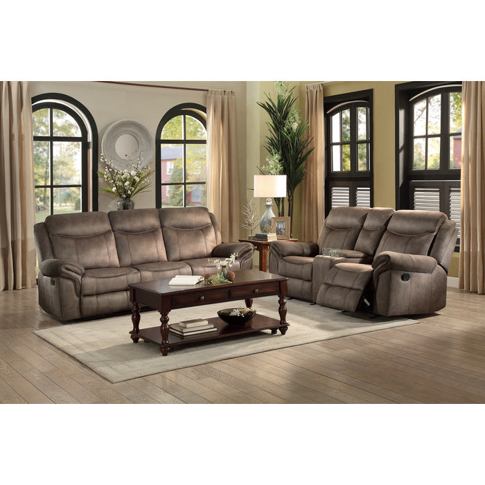 Aram Brown Fabric Double Glider Reclining Loveseat with Center Console, Receptacles and USB Ports