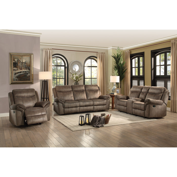 Aram Brown Fabric Double Glider Reclining Loveseat with Center Console, Receptacles and USB Ports