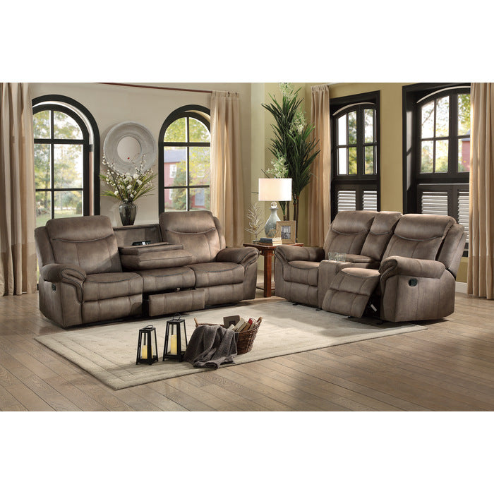 Aram Brown Fabric Double Glider Reclining Loveseat with Center Console, Receptacles and USB Ports