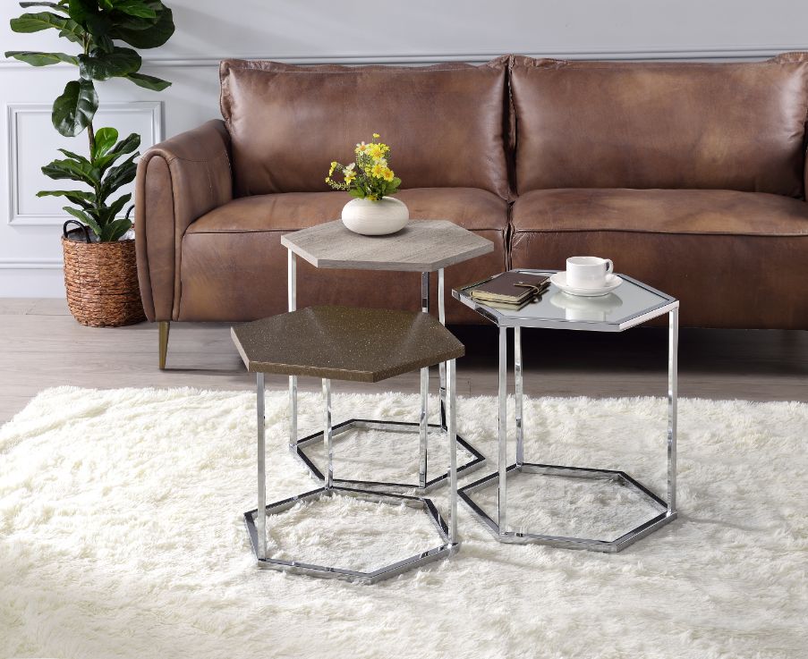 Simno Clear Glass, Taupe, Gray Washed & Chrome Finish Coffee Table
