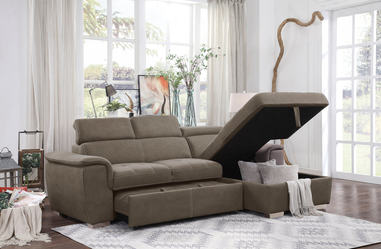 Ferriday 2-Piece Sectional With Adjustable Headrests, Pull-Out Bed And Right Chaise Hidden Storage