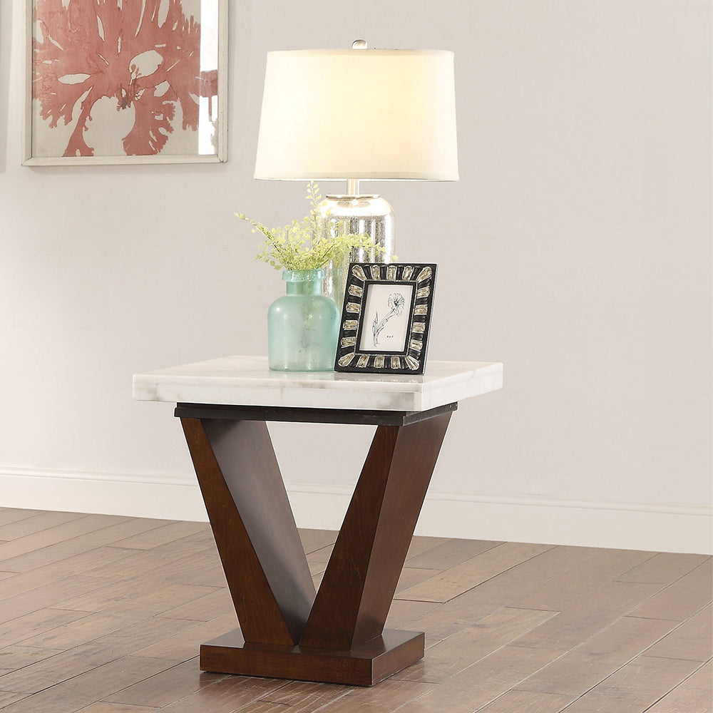 Forbes White Marble Top & Walnut Finish End Table