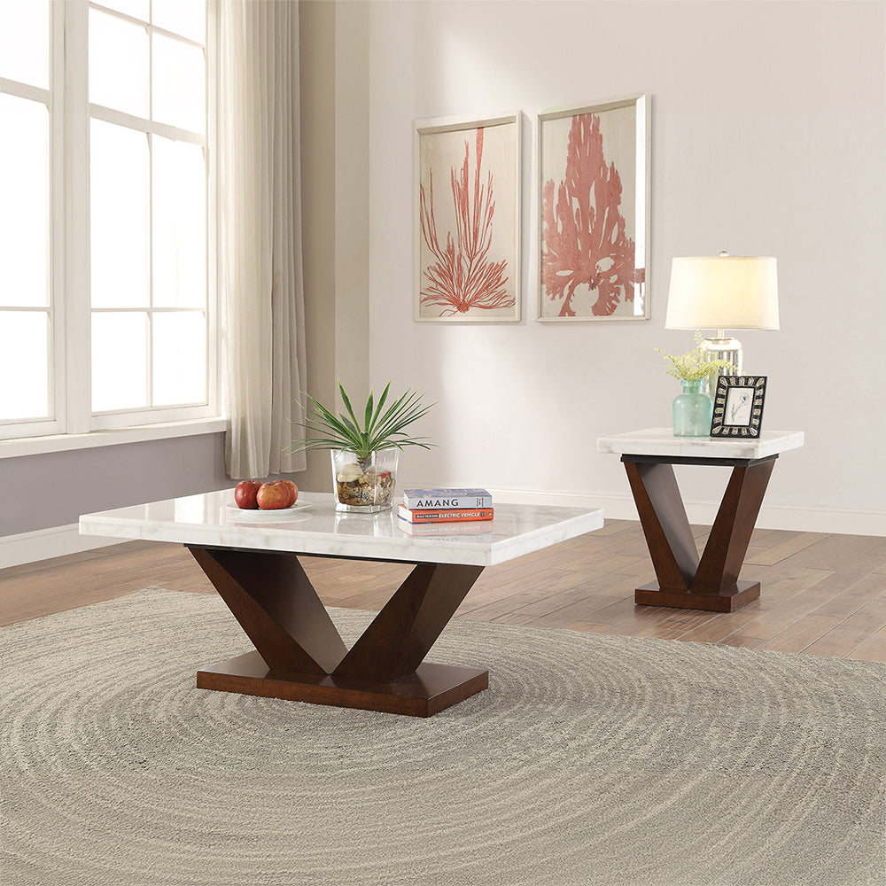 Forbes White Marble Top & Walnut Finish End Table