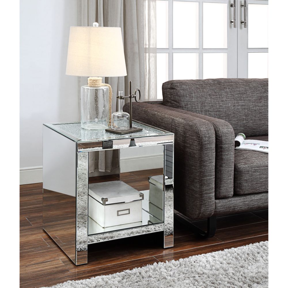 Malish Clear Glass, Mirrored & Faux Diamonds End Table