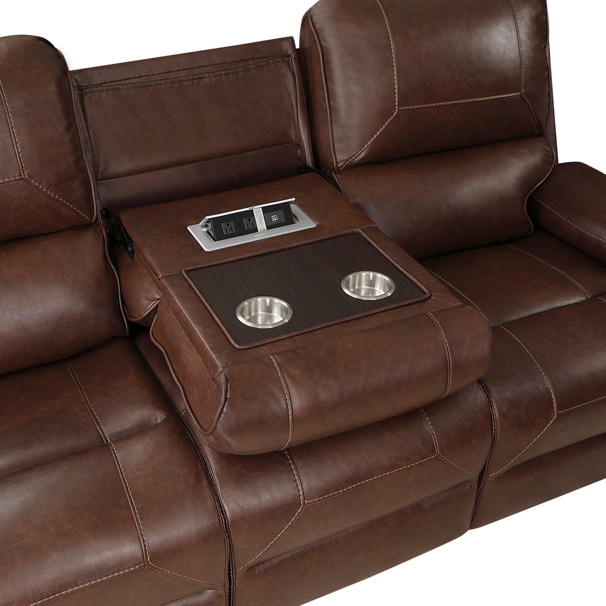 New Double Reclining Sofa With Center Drop-Down Cup Holders, Receptacles And Usb Ports
