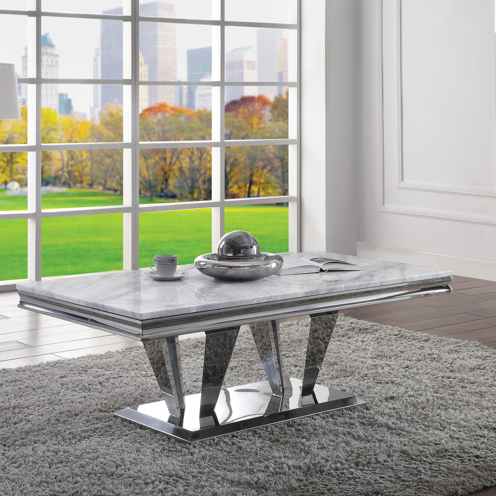 Satinka Light Gray Printed Faux Marble Top & Mirrored Silver Finish Coffee Table