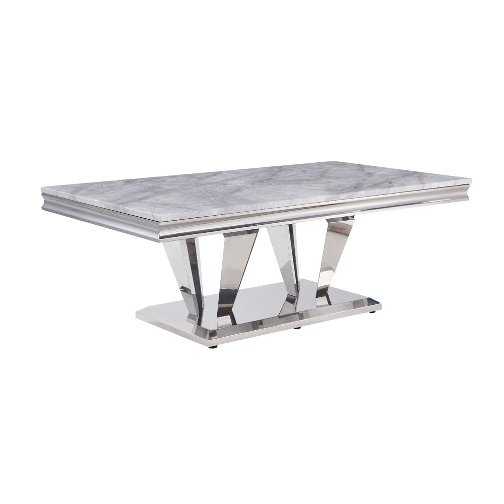 Satinka Light Gray Printed Faux Marble Top & Mirrored Silver Finish Coffee Table