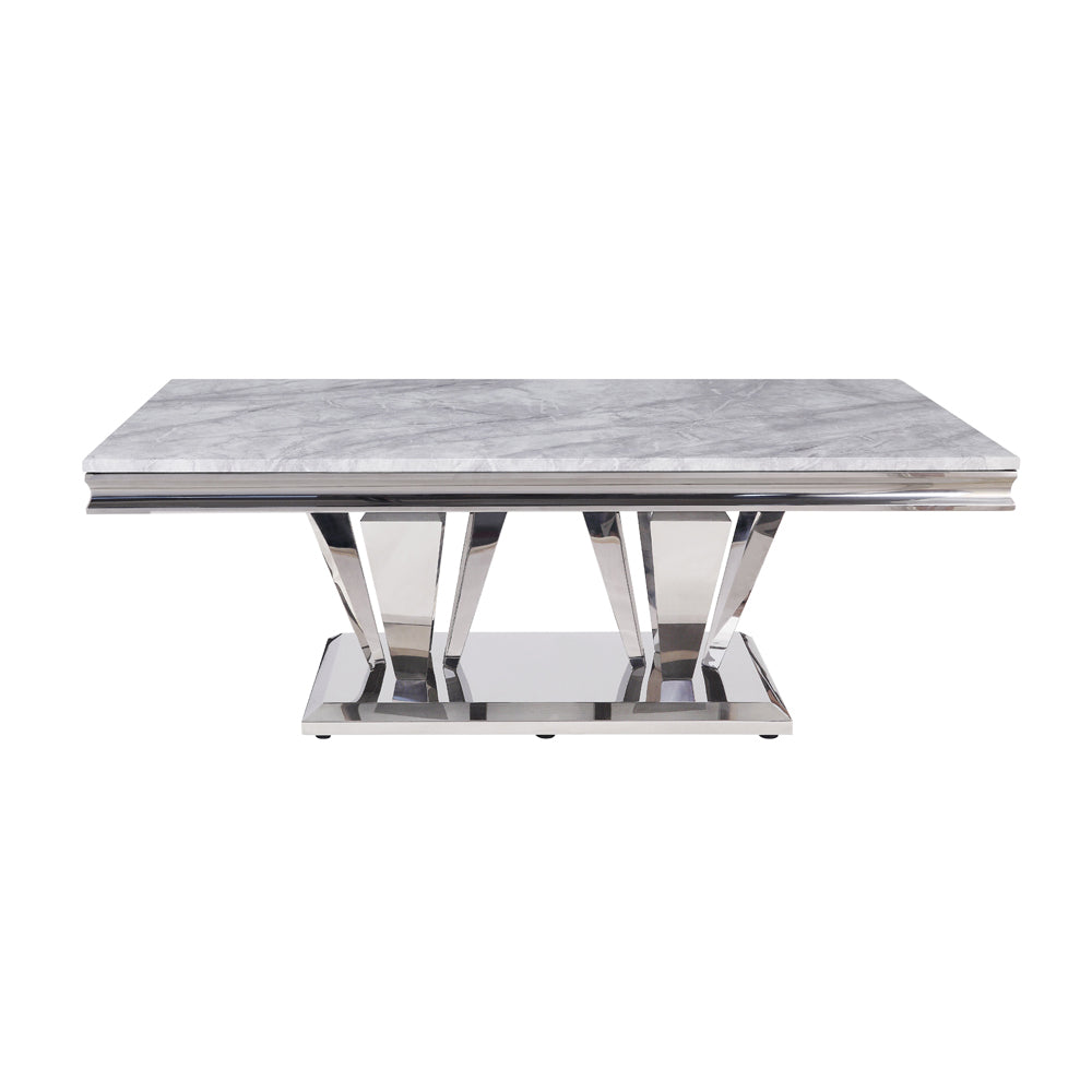 Satinka Light Gray Printed Faux Marble Top & Mirrored Silver Finish Coffee Table