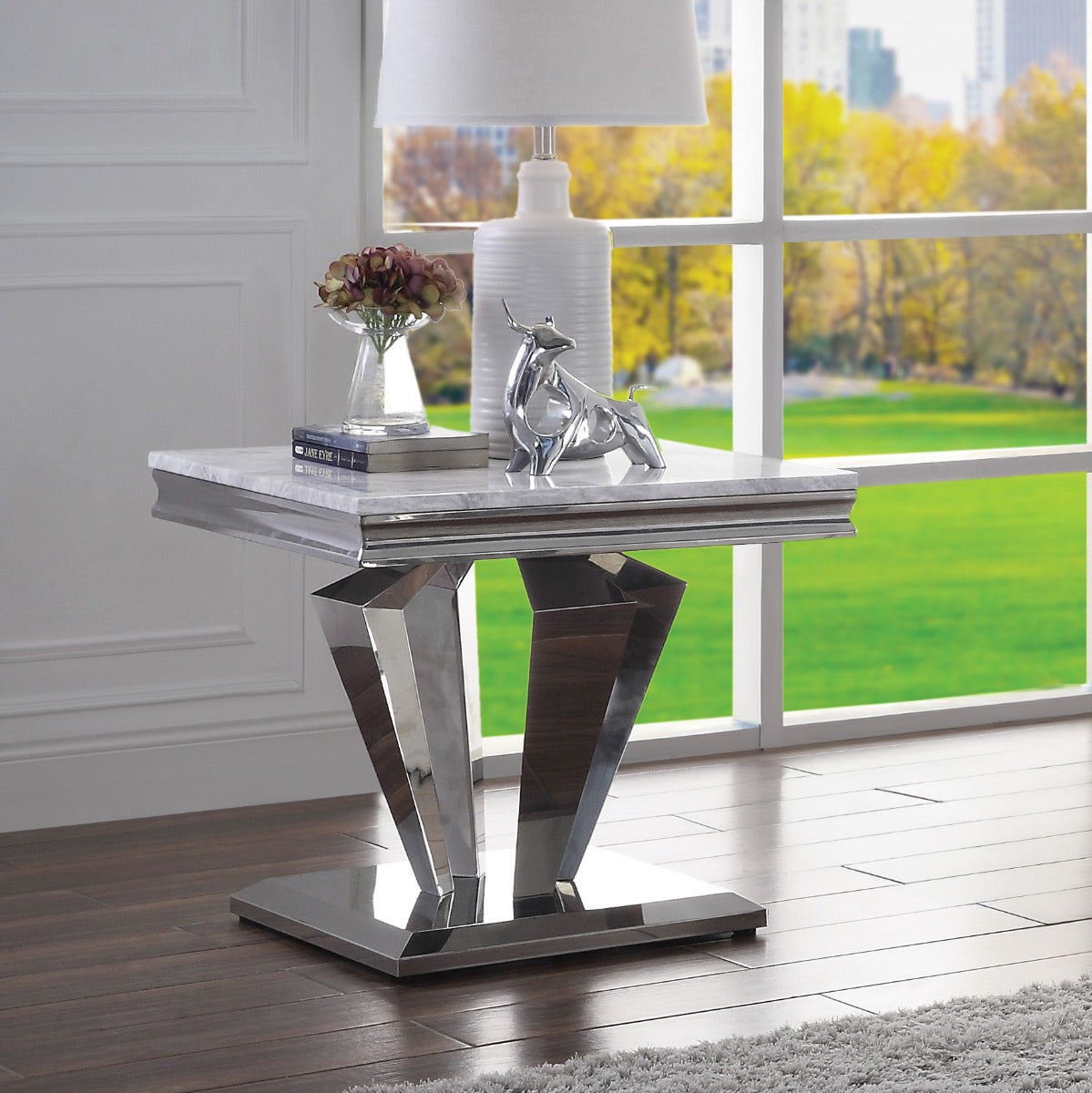Satinka Light Gray Printed Faux Marble Top & Mirrored Silver Finish End Table