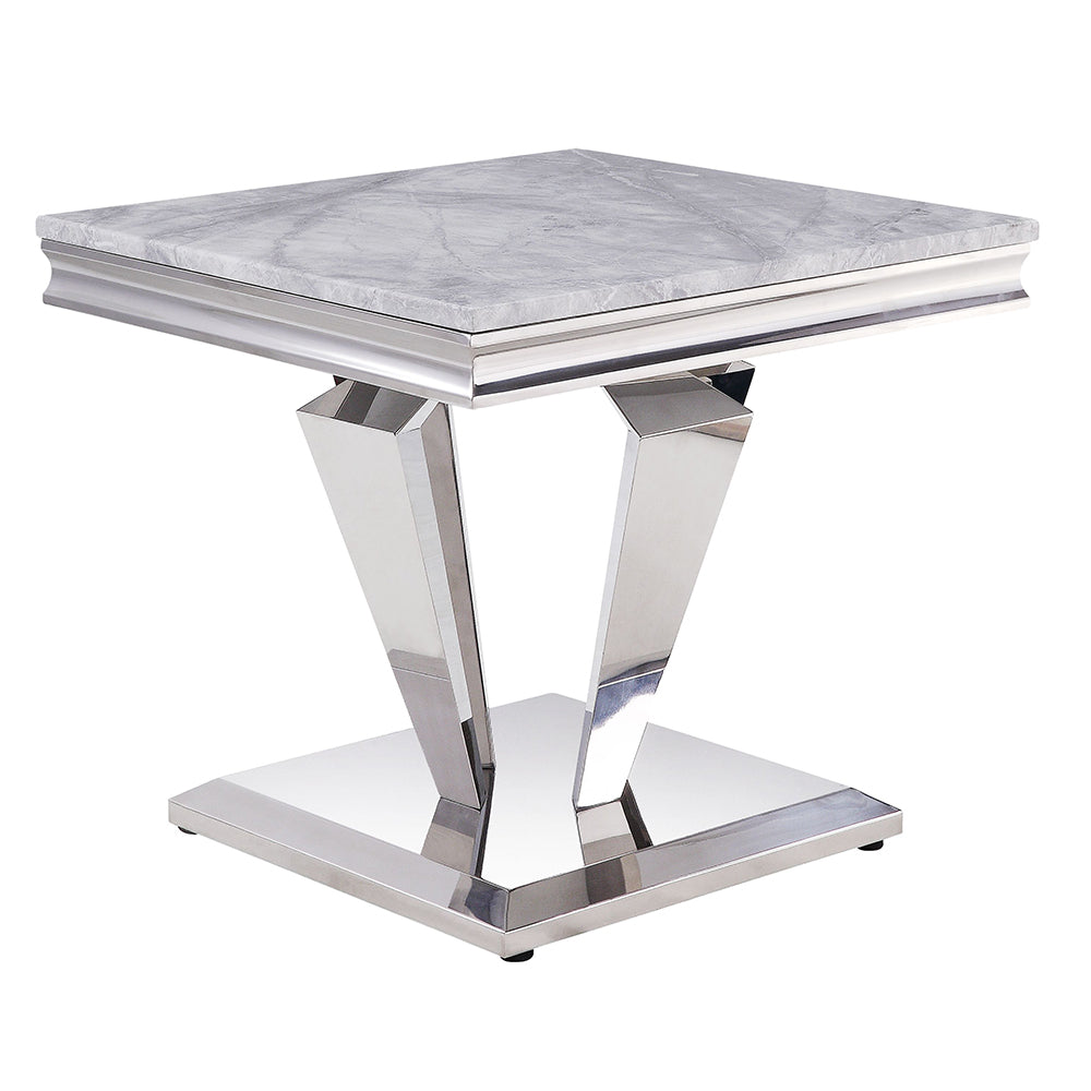 Satinka Light Gray Printed Faux Marble Top & Mirrored Silver Finish End Table