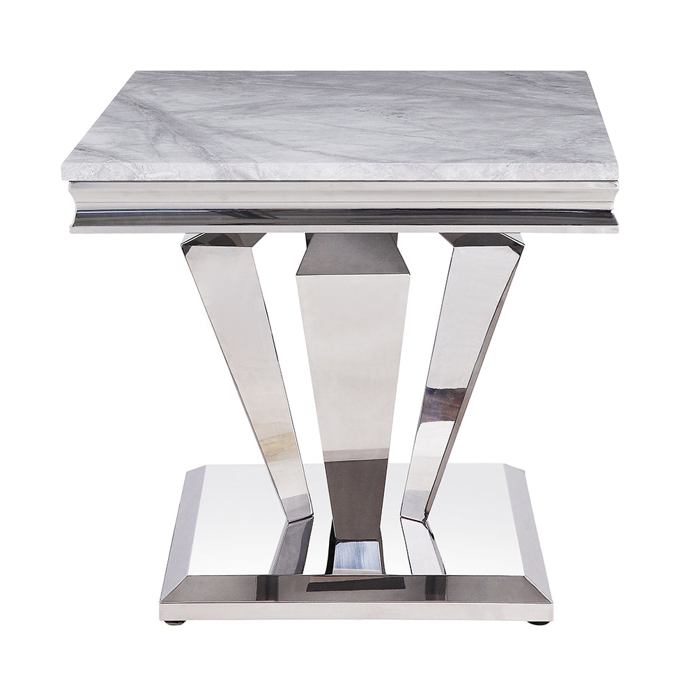 Satinka Light Gray Printed Faux Marble Top & Mirrored Silver Finish End Table