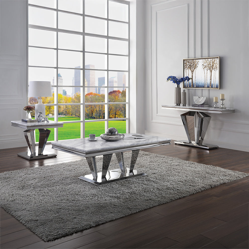 Satinka Light Gray Printed Faux Marble Top & Mirrored Silver Finish End Table