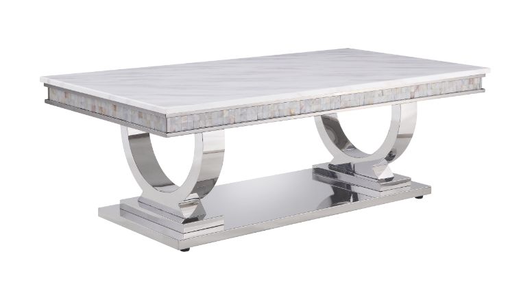 Zander White Printed Faux Marble Top & Mirrored Silver Finish Coffee Table