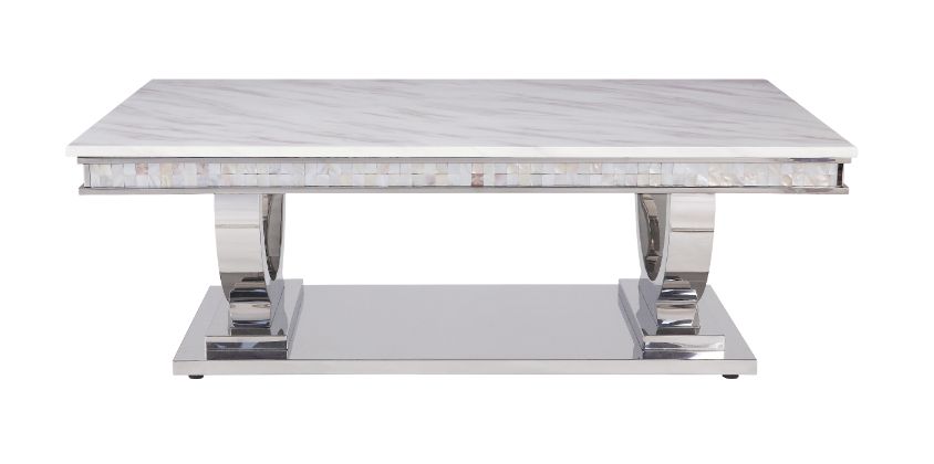Zander White Printed Faux Marble Top & Mirrored Silver Finish Coffee Table