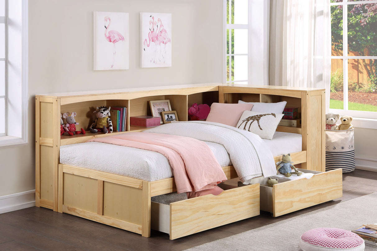 Bartly Natural Pine Twin Bookcase Corner Bed With Storage Boxes