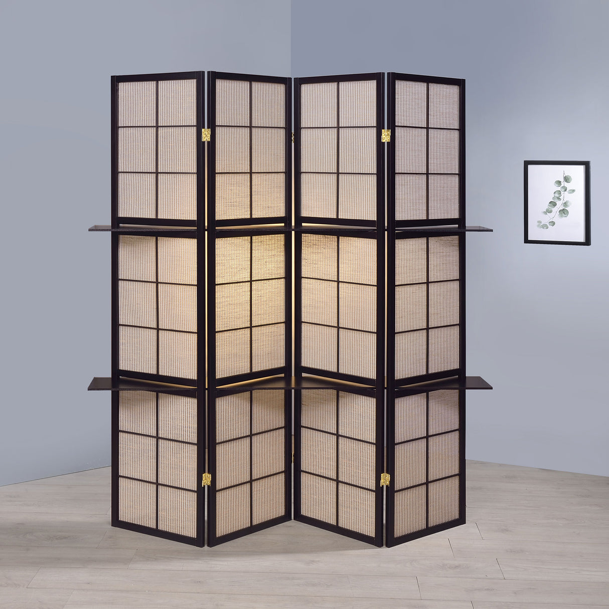 Iggy 4-Panel Folding Screen With Removable Shelves Tan And Cappuccino